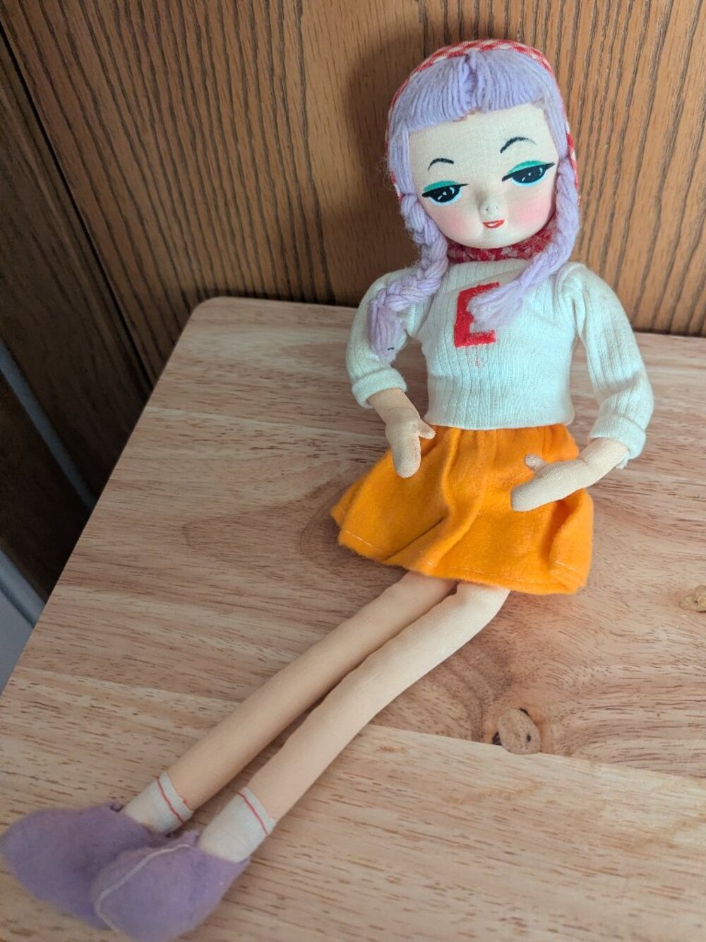 VTG Big Eyed Stockinette Doll Purple Hair Varsity Sweater Posable Holiday Fair